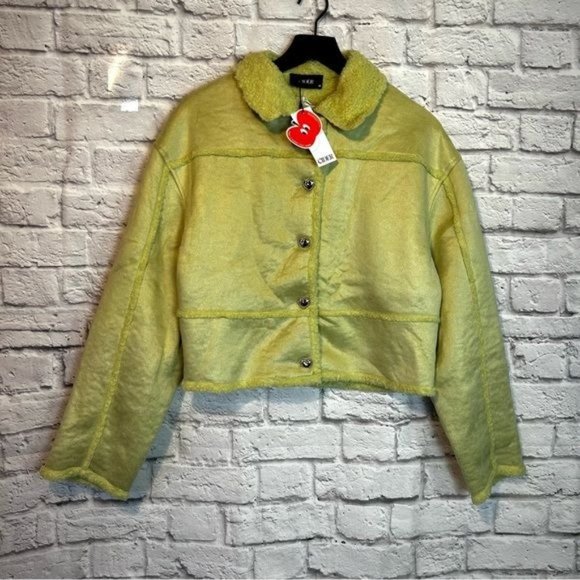 Cider Jackets & Coats Cider Sherpa Faux Suede Green Jacket With Silver Heart Buttons Size